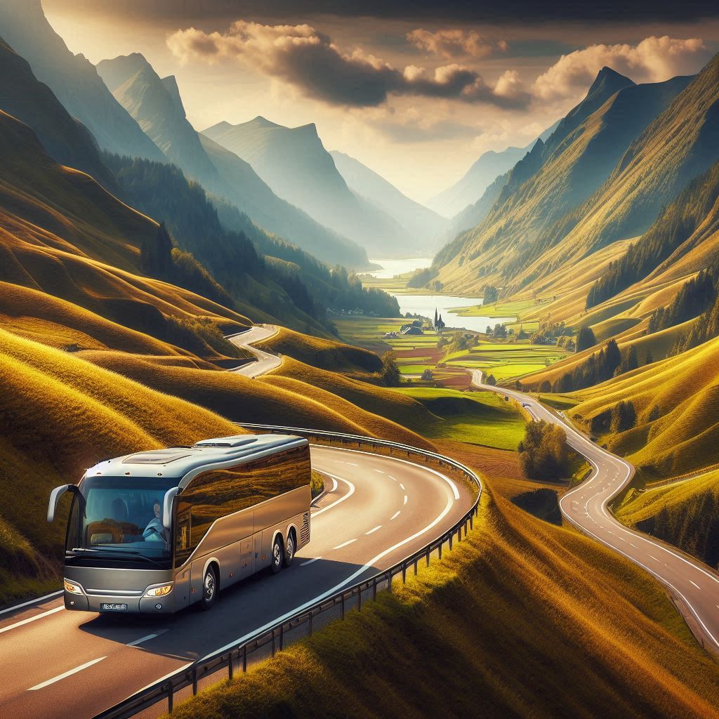 ia image that encapsulates the essence of picturesque coach trips across Belgium and Europe. Visualize a luxury coach in the foreground, winding through a variety of stunning European landscapes - from the rolling hills of the Belgian countryside to iconic European landmarks. The atmosphere should evoke a sense of adventure and sophistication. Include elements that represent the cultural diversity across Europe, such as architectural styles, famous monuments, and natural wonders. The image should inspire viewers to imagine themselves on a scenic journey, exploring the rich histories, cultures, and beauties of Belgium and beyond. Please ensure the image communicates a balance between comfort and exploration, making it the perfect visual representation for a blog post titled 'Excursions en autocar en Belgique et en Europe